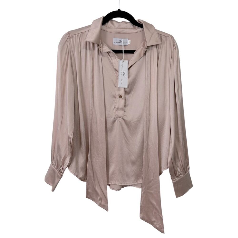 Never a wallflower blush pink silk long sleeve blouse with tie size xs NWT